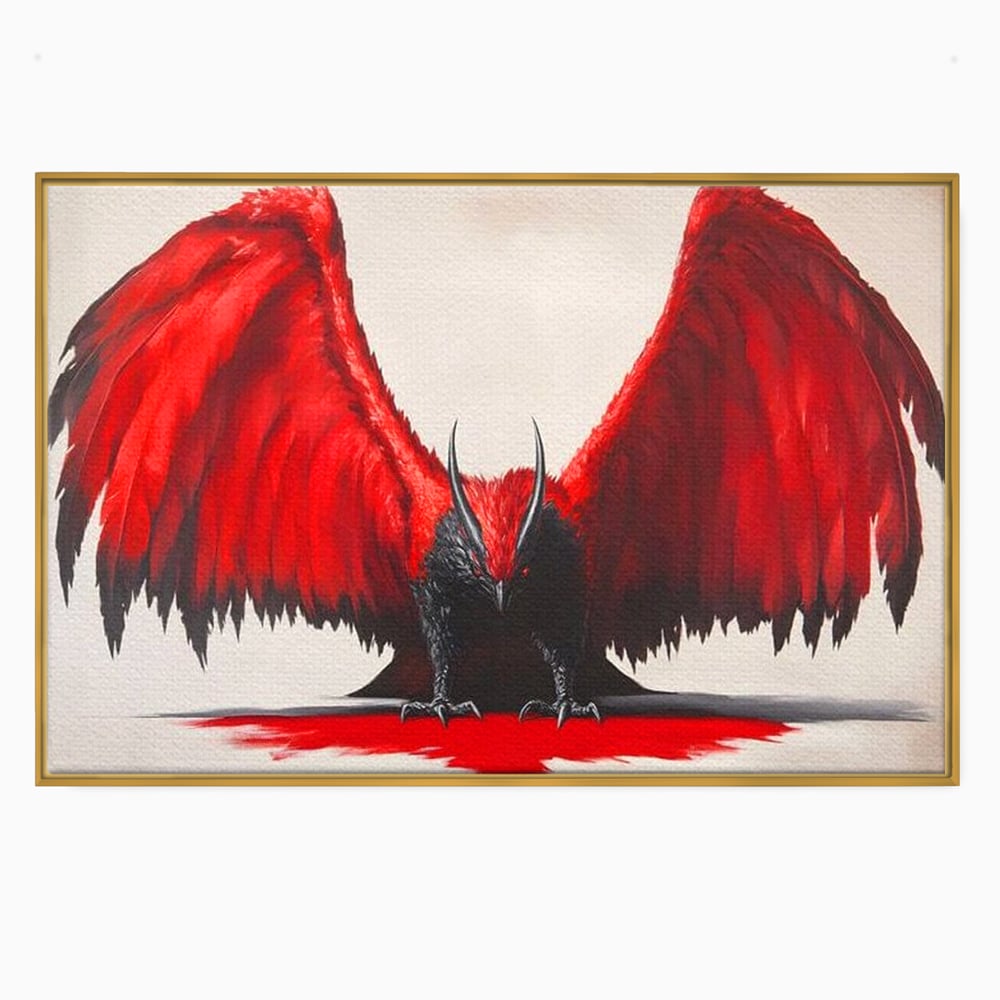 Tablou canvas cu tablou canvas cu pasare fantastica rosu cu negru, in rama de aluminiu auriu